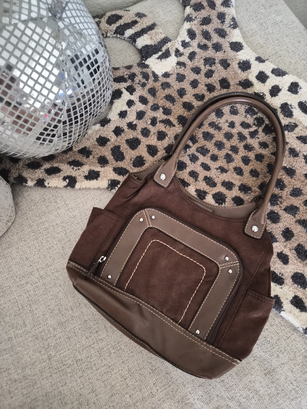Brown Suede Tote Bag with Leather Trim
